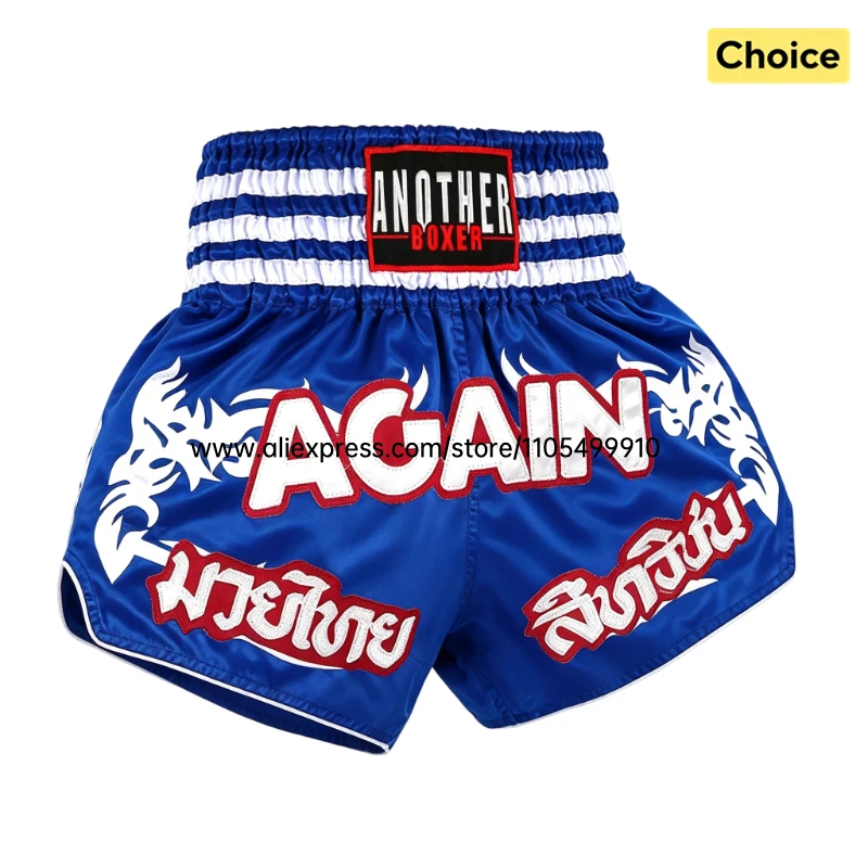 Blaue Muay-Thai-Shorts mit Stickerei, Kickbox-Boxshorts, elastische Taille, Satin-Shorts für Männer und Frauen, MMA, Sparring, Cage Fight