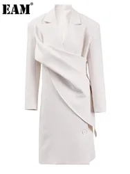 [EAM] Dames Beige Onregelmatig Big Size Elegante Lange Blazer Nieuwe Revers Jas Met Lange Mouwen Mode Tij Lente Herfst 2024 CPDB040