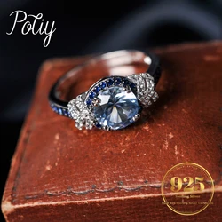 Potiy Cute Round Natural 1.5ct Sky Blue Topaz Halo Ring for Her Cocktail Ring 925 Sterling Silver for Women Daily Birthstones Gi