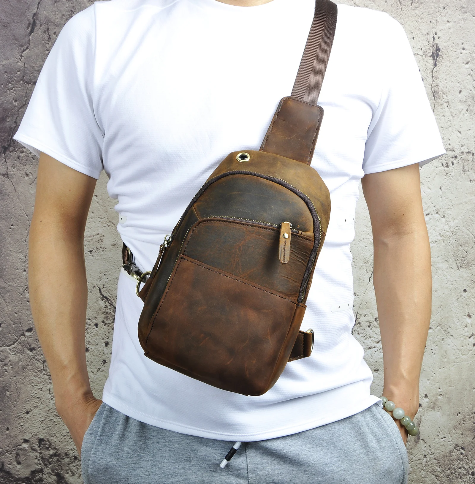 Real Leather Casual Travel Chest Sling Bag Design Vintage One Shoulder Bag Cross-body Bag Day-pack For Male XB8010