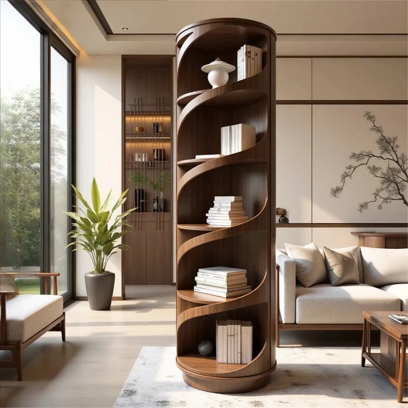 

Black walnut rotating bookshelf Solid wood shelf Living room storage rack Storage rack