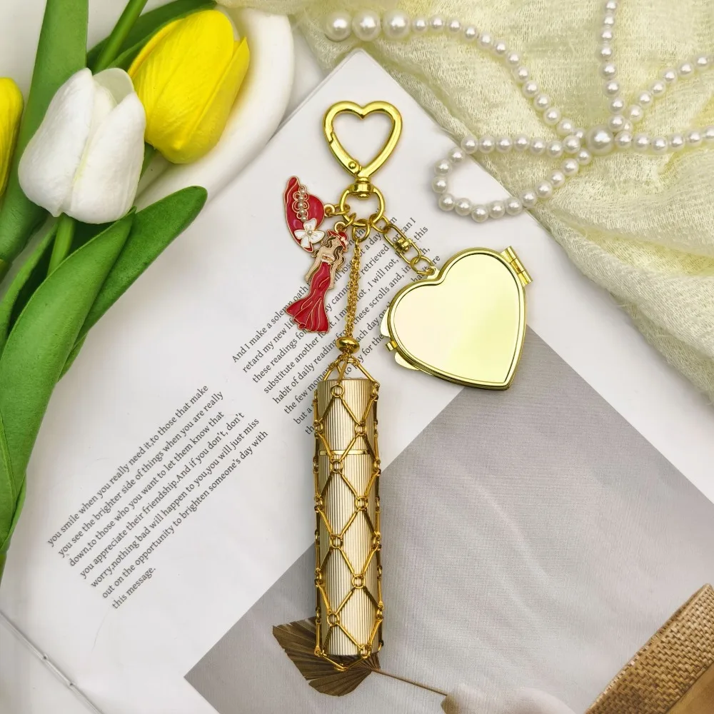 Fashionable Lipstick Storage Keychain Mini Mirror Woman Hat Enamel Charm Stylish Metal Mesh Bag Pendant Gift Young Girls view 4
