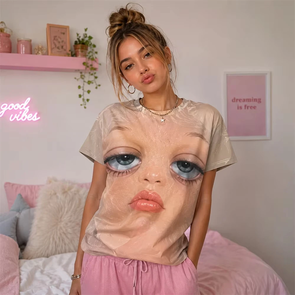 Unisex 3D Big Face Optical Illusion T‑Shirt, Funny Clown Doll Face Print Casual Short Sleeve Novelty Humor Tops for Men Women