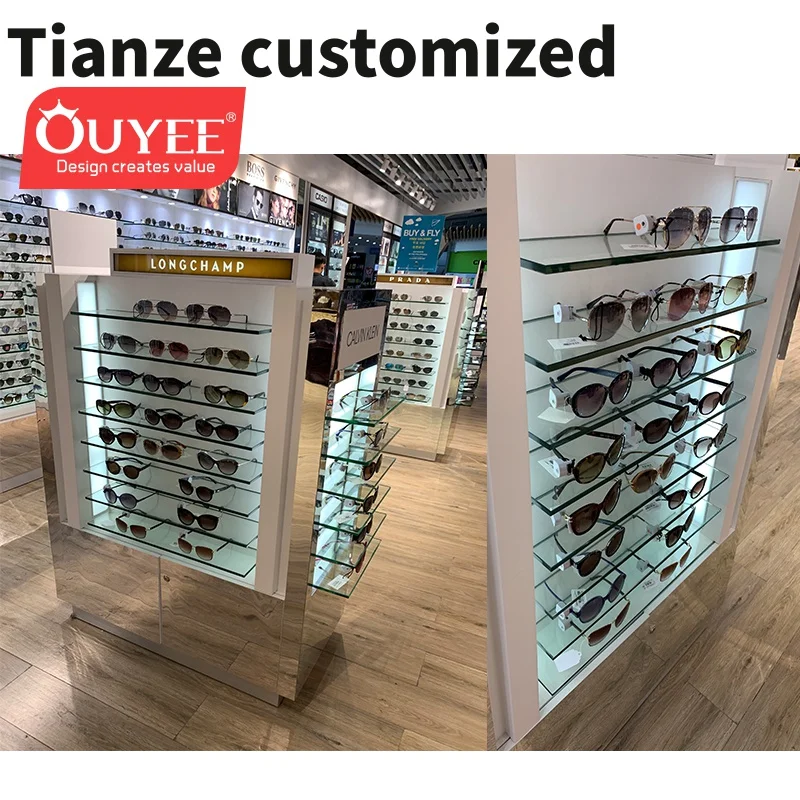 Customized-Standing Optical Frame Display Floor Standing Sunglasses Display Stands Wood Sunglass Display Showcase