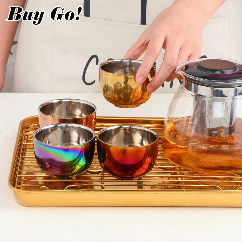 4/8PCS Tea Cup Stainliess steel Tea Cup Sets With Tray And Removable Holder Gold Mug Double Layer Anti-Scalding Cups Teaware