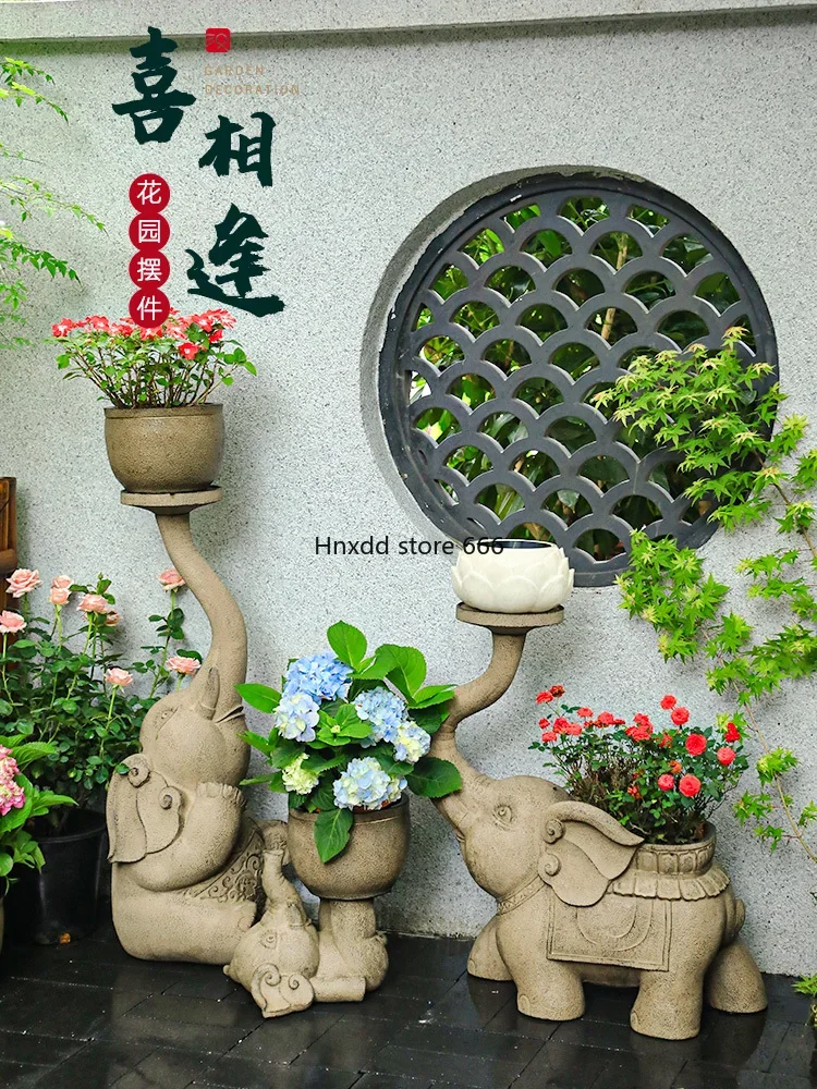 Chinese landscaping arrangement Balcony garden Outdoor yard decoration Elephant ornament Succulent pot