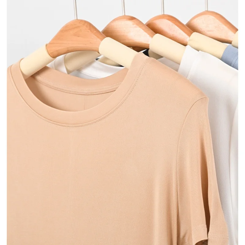 تي شيرت Birdtree 20% حرير 80% فسكوزي أساسيات صلبة ، تي شيرت نسائي بأكمام قصيرة ورقبة دائرية وخصر ملابس علوية ناعمة T59208JF