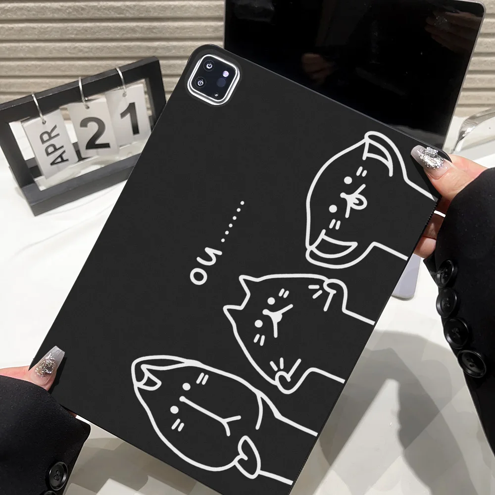 Black White Line Art Funny Cat Tablet Protective Case For Apple iPad Air 11 2025 2026 Pro 12.9 13 10.5 Mini 2021 2024 Anti‑Slip