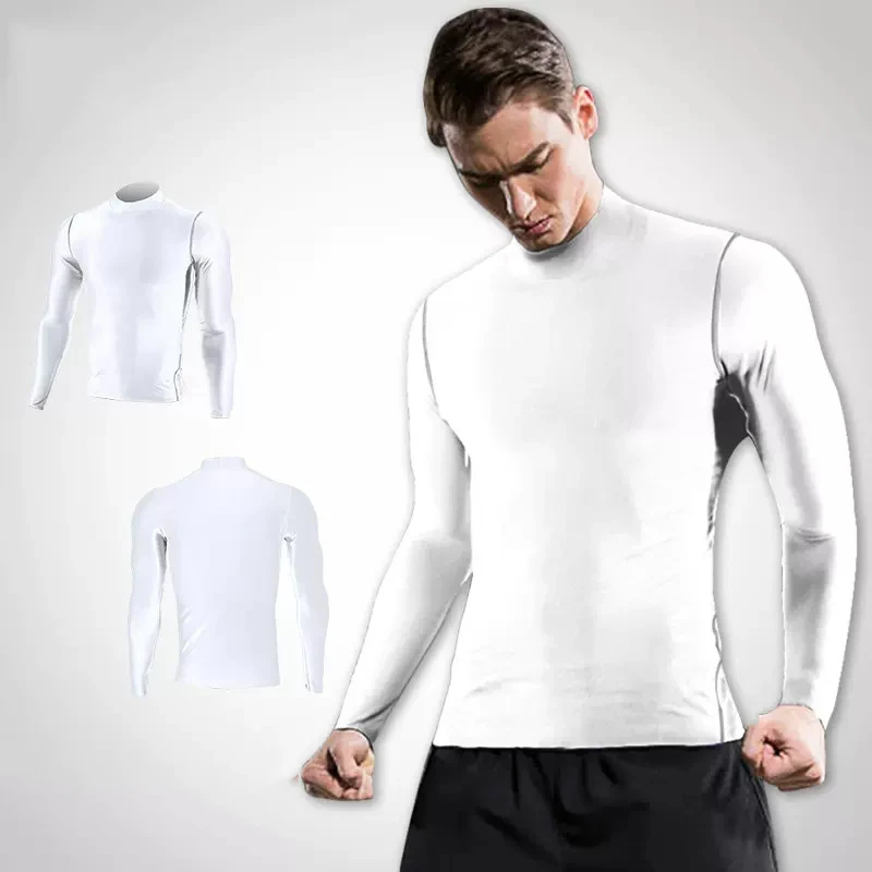 Men Turtleneck Running Long Base T Shirt Fitness Sport Basketball Football Gym Hiking Trainning Compression Tops Bottom Clothes