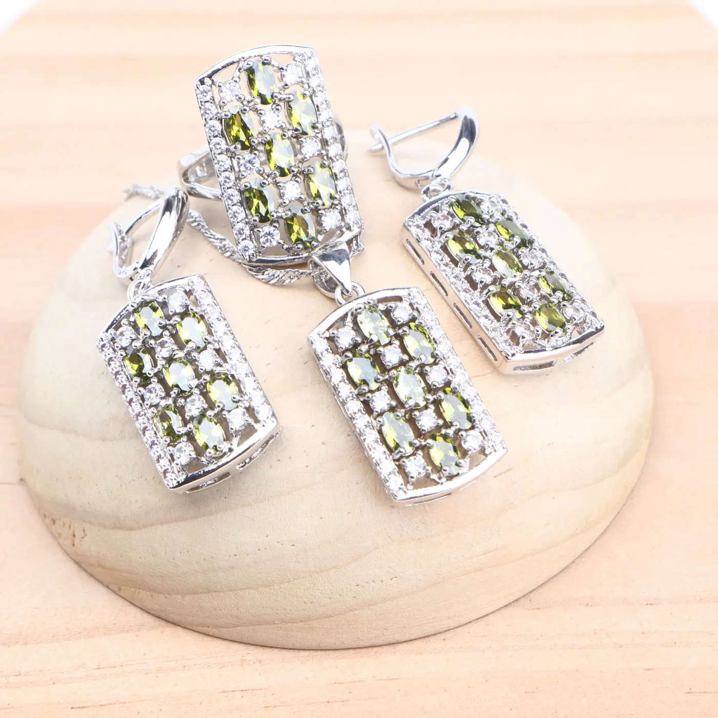 

Cubic Zircon 925 Silver Women Bridal Jewelry Sets Costume Wedding Stones Earrings Rings Pendant Necklace Set