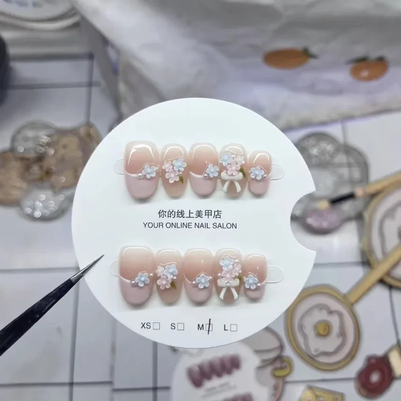 

10pcs Handmade Nails with Pink 3D Floral French Tips These High-quality Press-on Nails Make A Great Gift for Girls and Friends