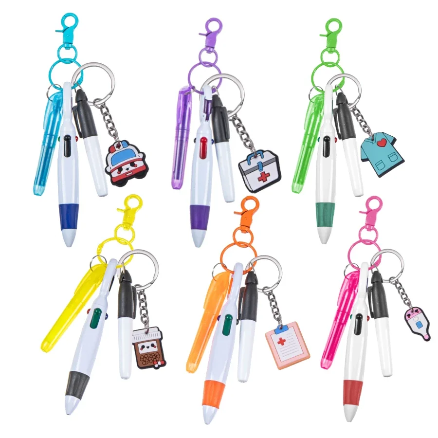 Nurse Pen Gift, Mini Highlighter & Marker with Retractable Ballpoint Pen and Keychain for Badge Reels and Office Supplies