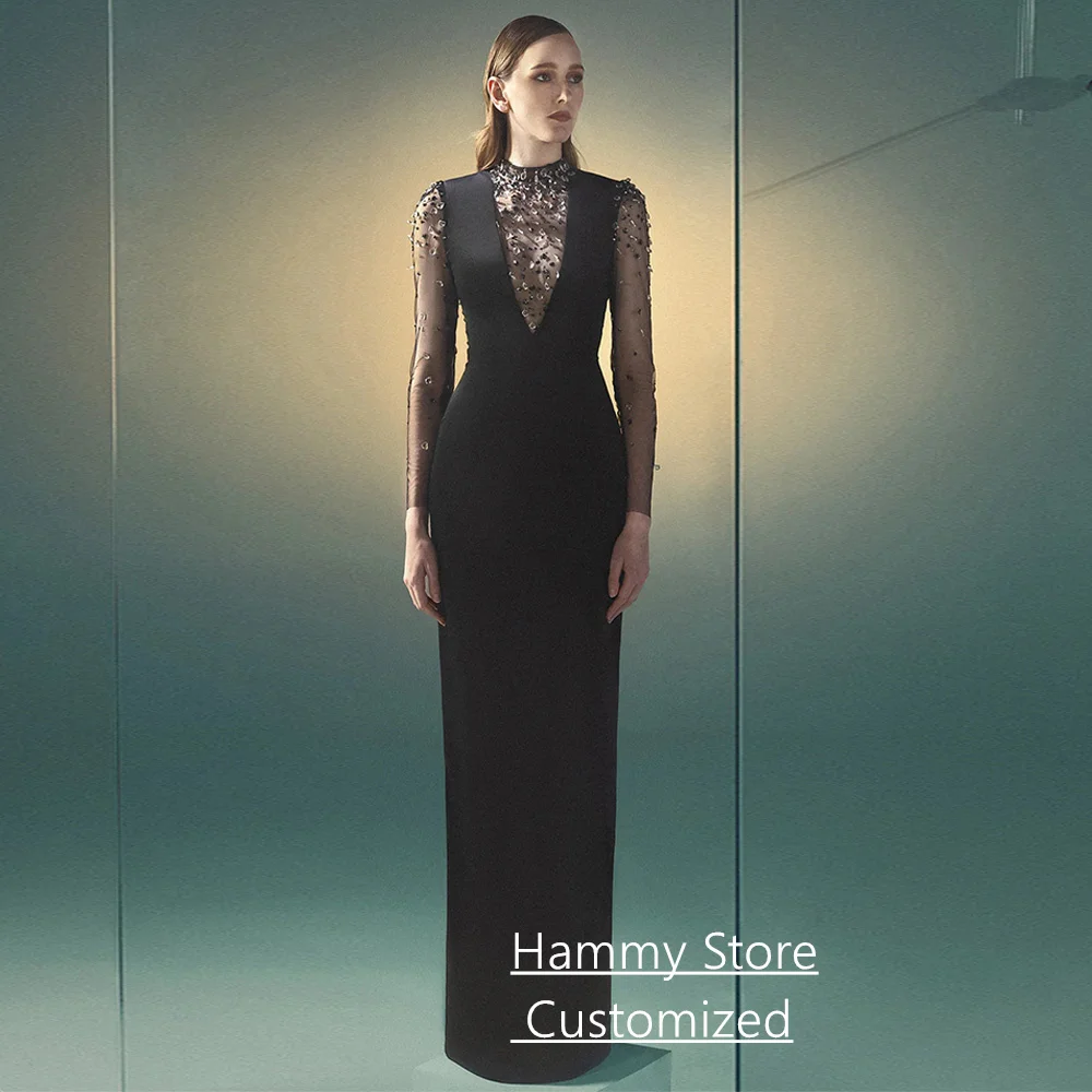 

Fashion Black Evening Dress Customized High Neck Long Sleeves Crystal Stones Floor Length Arabian Prom Gown Formal Dresses