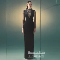 Vestido de noche negro de moda personalizado cuello alto mangas largas piedras de cristal hasta el suelo vestido de fiesta árabe vestidos formales