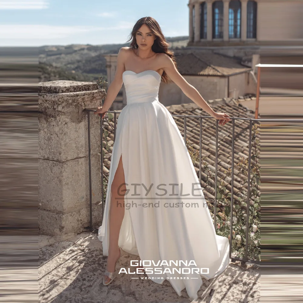GIYSILE Personalizado 2025 Novos Vestidos de Casamento Luz de Cetim Francês Strapless Simples e Pequena Cauda Sessão de Fotos Vestidos de Noite Formais