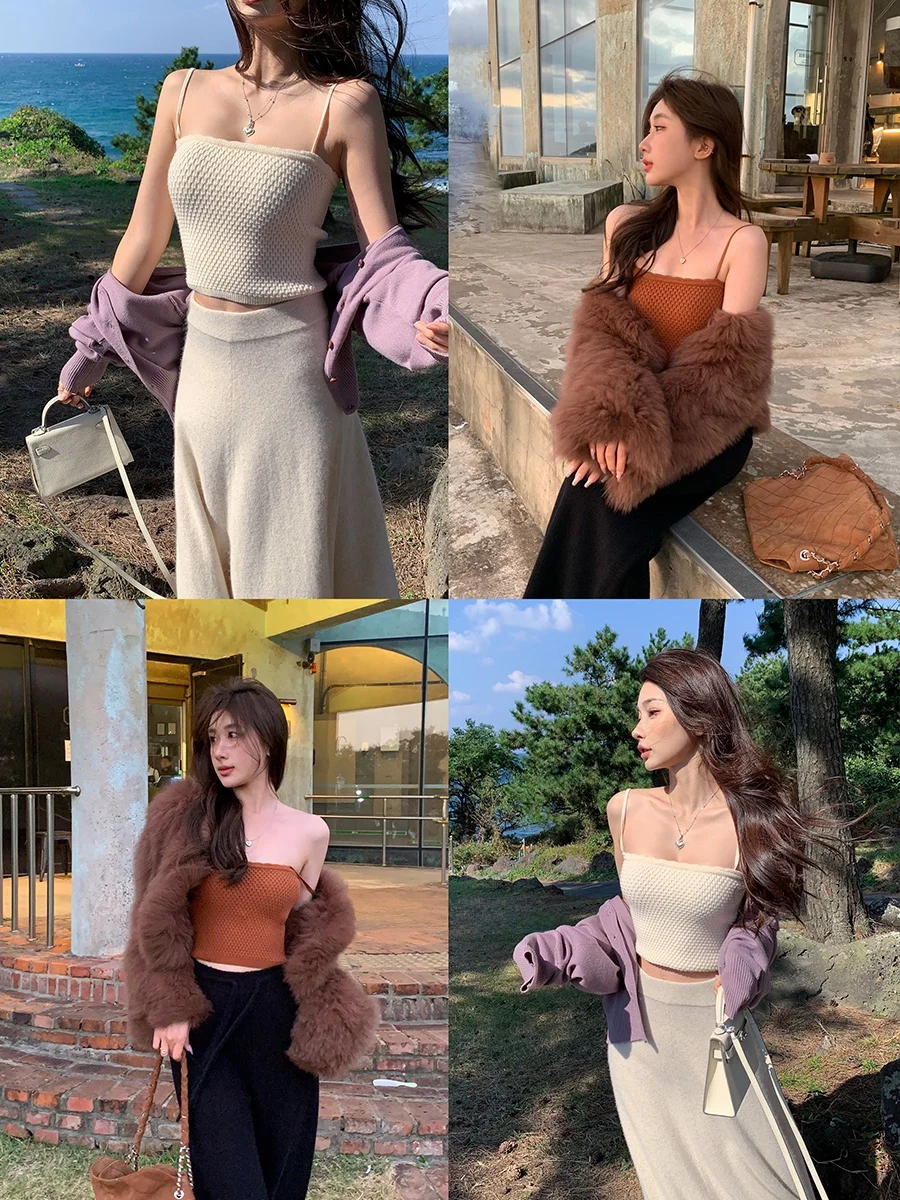 

Achi White Knitted Crop Top Women's Tight Fitting ort Sle One oulder Sexy Pine Pattern Inner Wear Tank Top