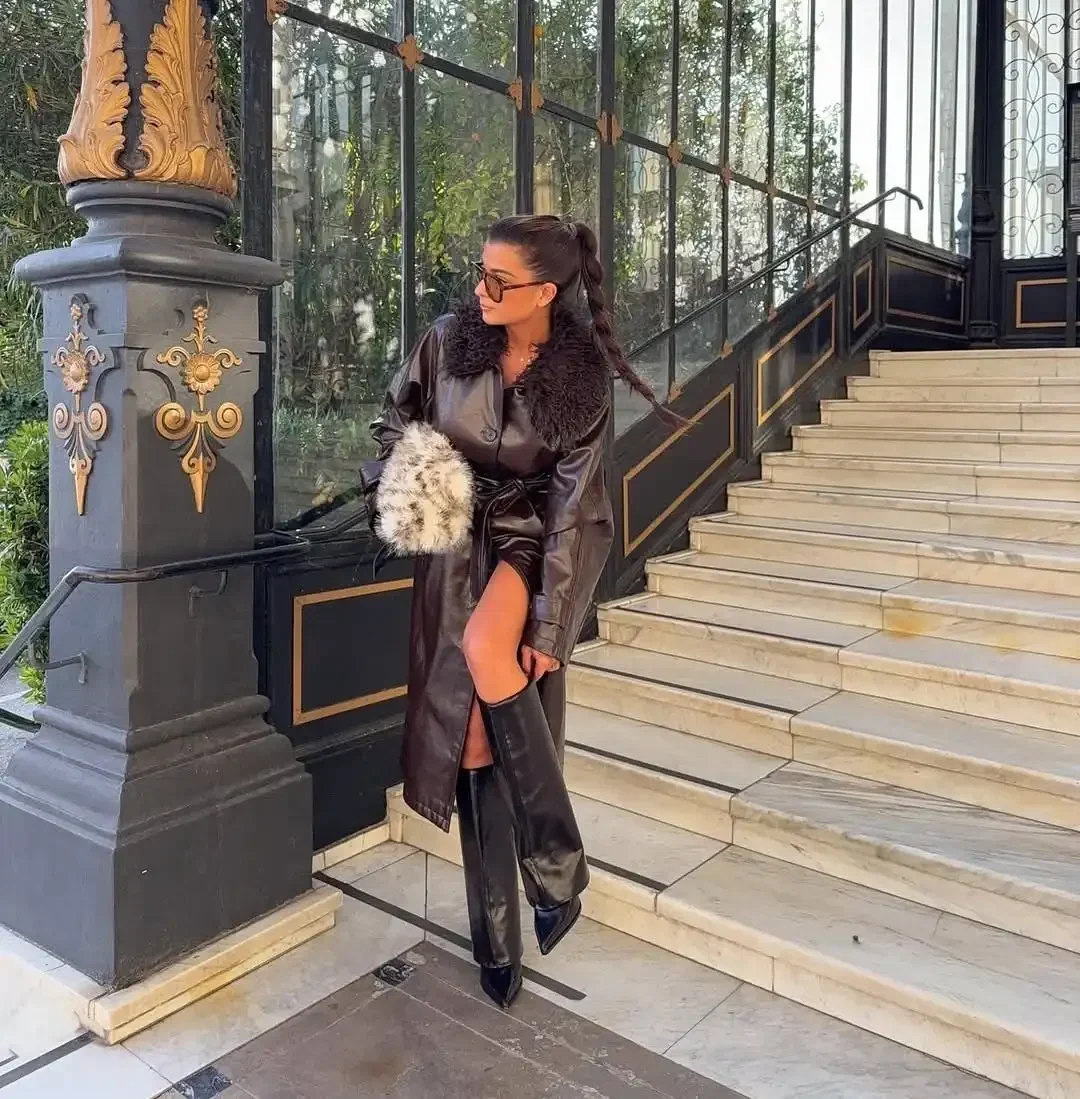 Fur Collar Patchwork Women Leather Jacket Fashion Full Sleeve Lace Up Loose Coat With Belt 2025 Lady Daily High Street Outerwear