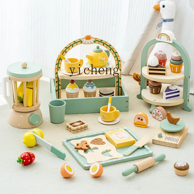 ZC Children's Simulation Teapot Afternoon Tea Kitchen Toys, Wooden Cake Birthday Gifts