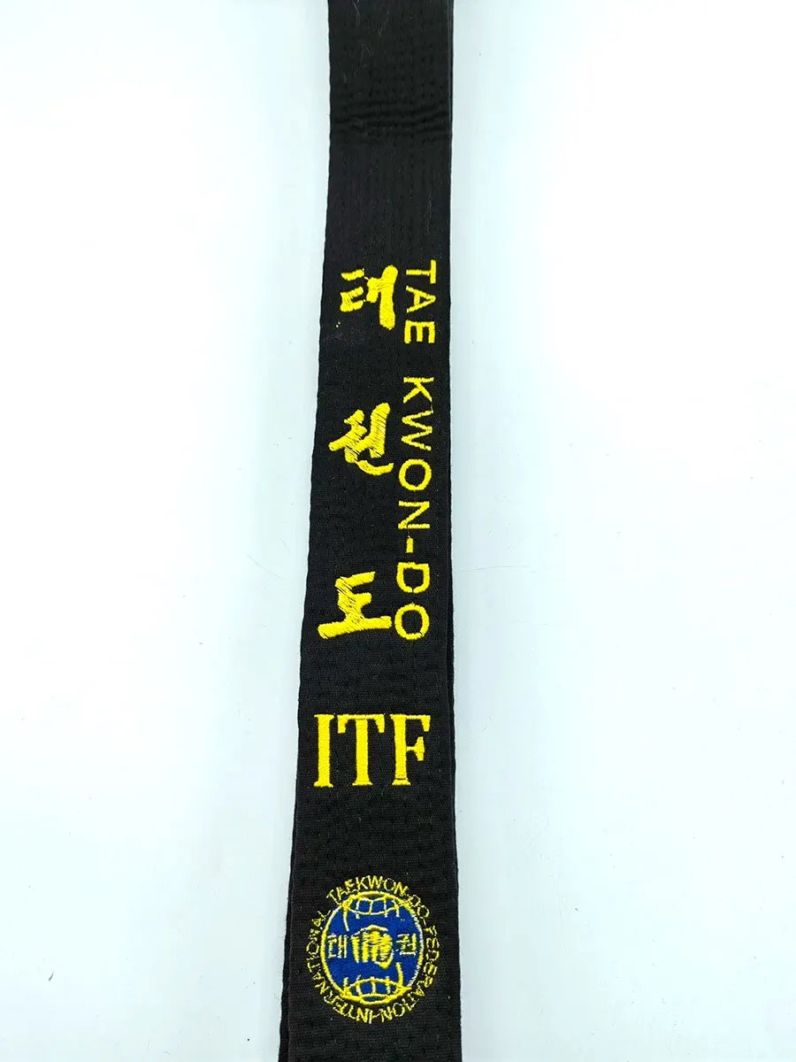 ITF Taekwondo Schwarz Gürtel Stickerei Breite 5cm Mooto Martial Arts Sport Coach Bund Master Angepasst Name Koreanische Engllsh