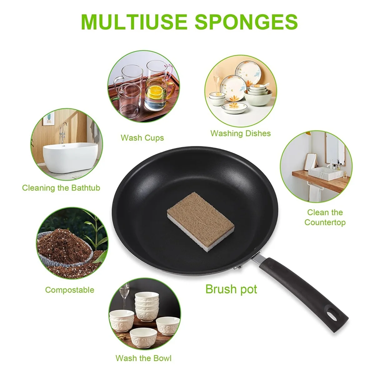 Eco-Friendly Natural Sponges for Dishes 12 Pack - Biodegradable Kitchen Sponge with Compostable Coconut Scrubber