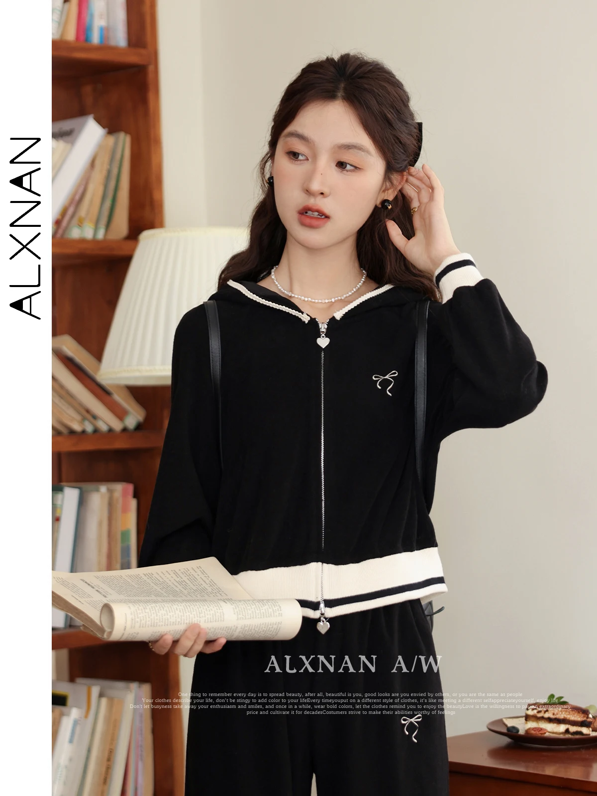 

ALXNAN Cropped Hooded Full Zipper Coat Women 2024 Autumn Winter Casual Sports Long Sleeve Tops Jacket Woman Clothes LXN322108SY