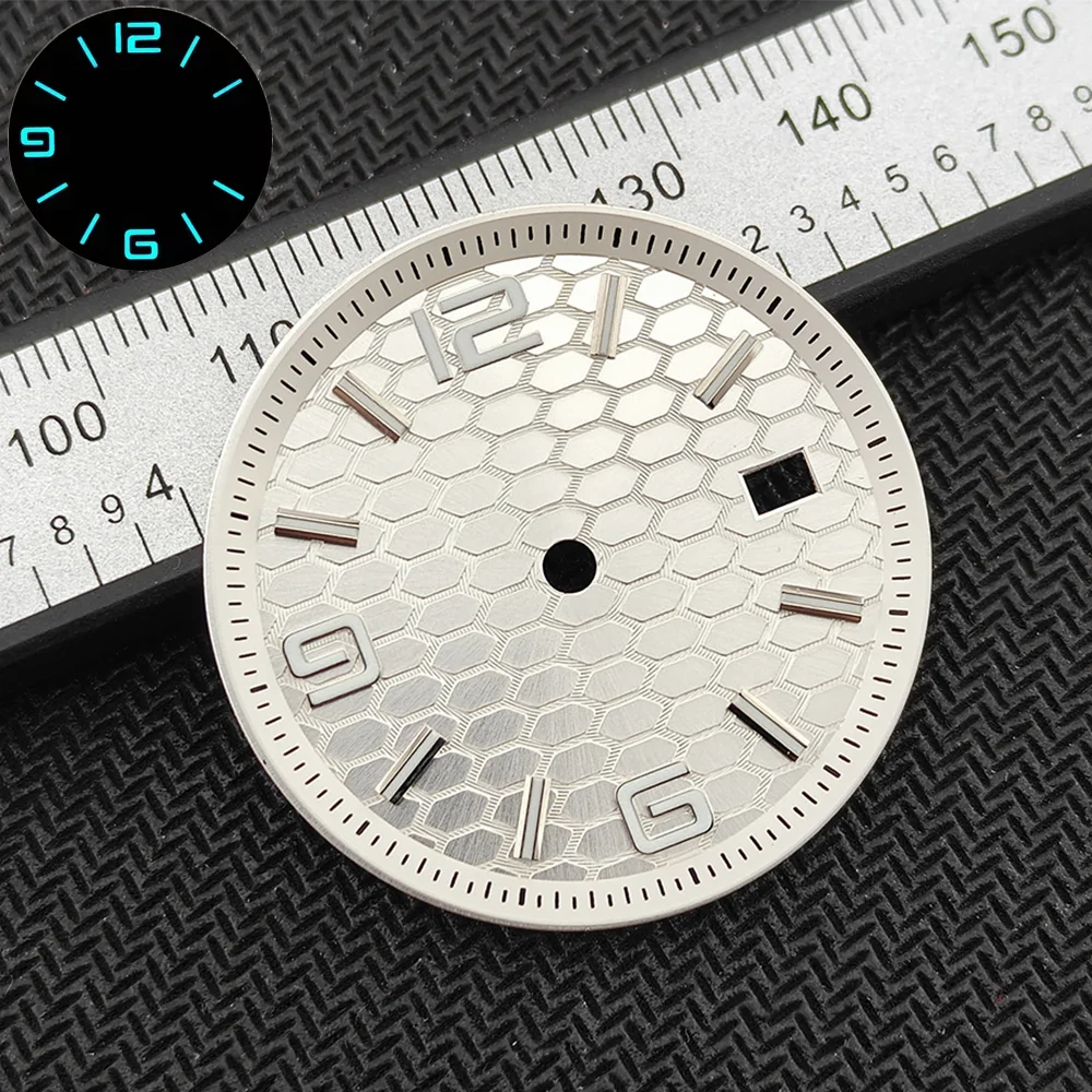 NH35 حافظة 39.5 مللي متر الياقوت الزجاج الفولاذ المقاوم للصدأ يوم واحد التقويم نافذة 33.8 مللي متر الطلب الأزرق مضيئة الأيدي العصابات ساعة أجزاء #1