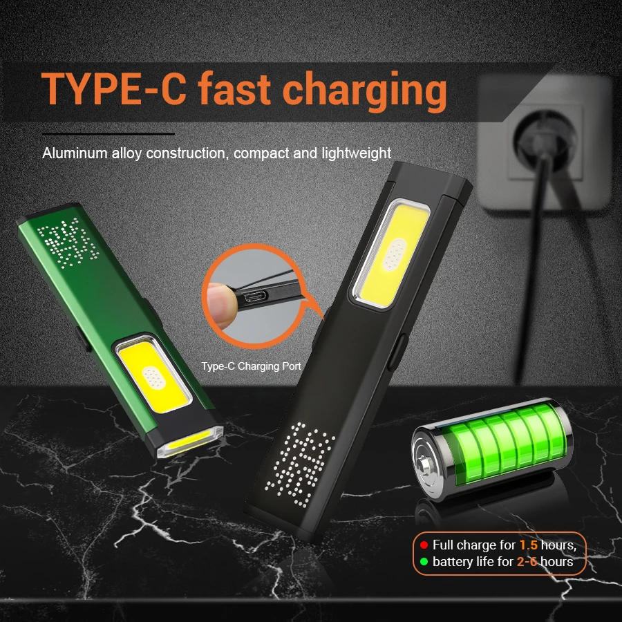 مصباح يدوي بمشبك قبعة LED USB-C قابل لإعادة الشحن 800LM ضوء شعلة لامع-مع مغناطيس، ضوء عمل صغير محمول للفيضانات/فانوس جيب