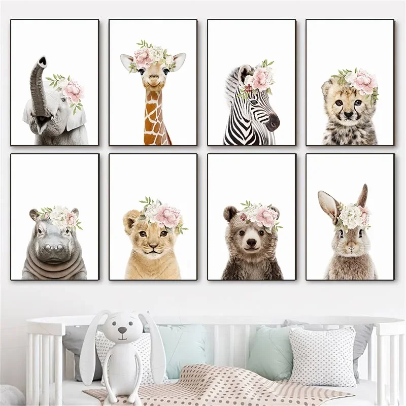 Baby Animals with Flower Crown Posters Prints Cute Rabbit Lion Wall Art Canvas Painting for Woodland Nursery Kids Room Decor