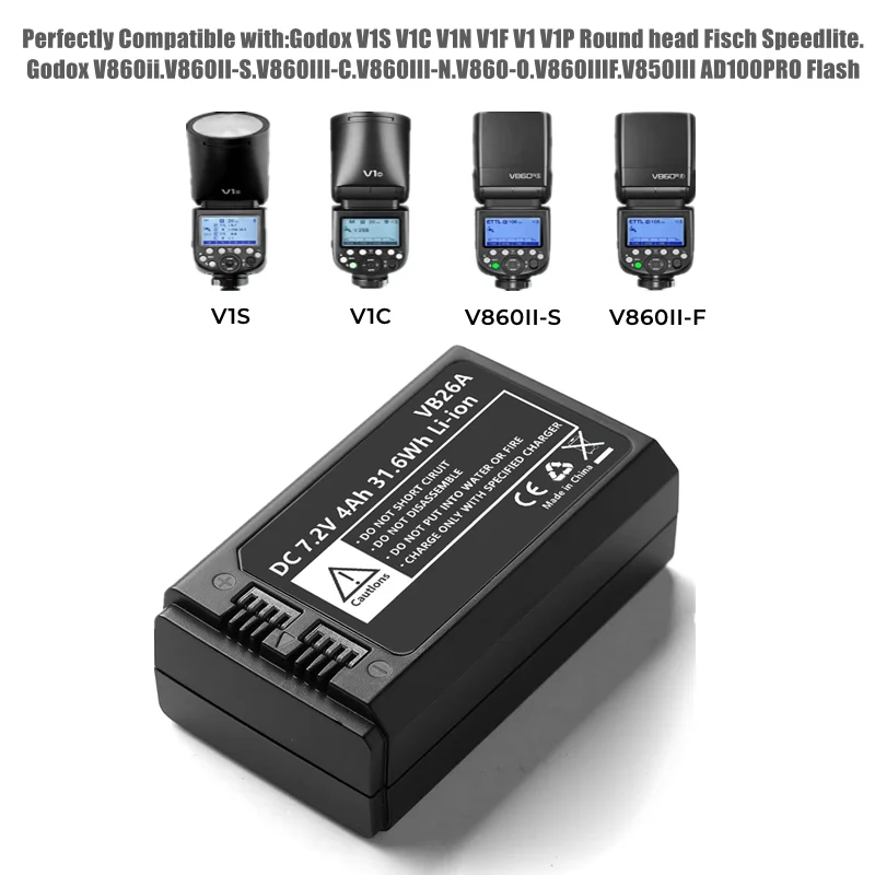 VB26A 7.2V 4000mAh litowo-jonowy akumulator do GodoxV1S V1C V1N V1F V1O V860III lampa fotograficzna okrągła głowica błyskowa Speedlite