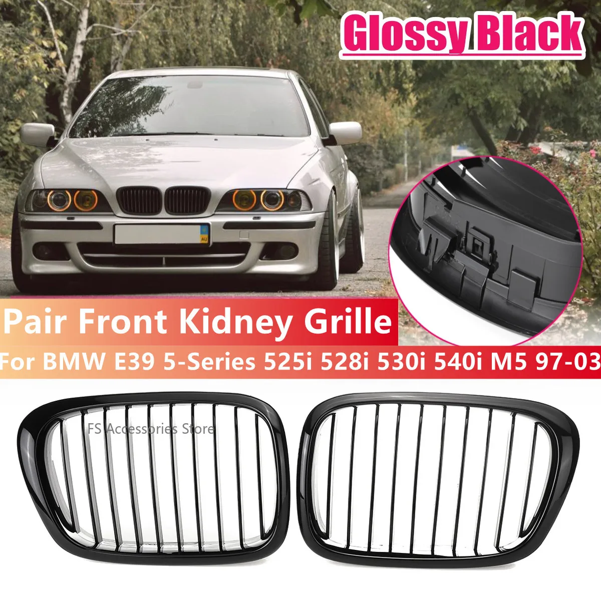 

Front Kidney For BMW E39 5 Series 528i 525i 540i 1997-2003 Glossy Black Grille Car Front Hood Grill Kidney Grilles Racing Grill