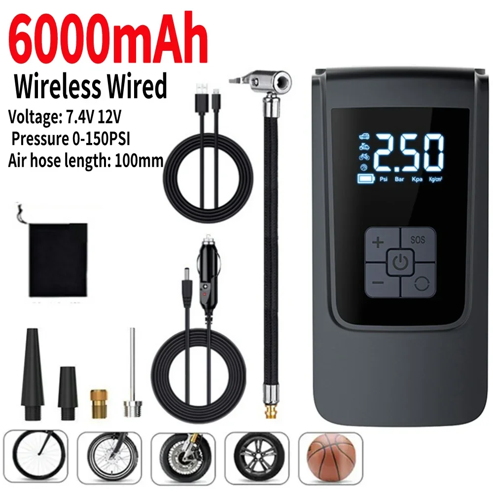 

Портативный автомобильный компрессор 6000 мАч, беспроводной и проводной, 7.4/12В, 150PSI, электрический насос для накачки шин мотоциклов и велосипедов