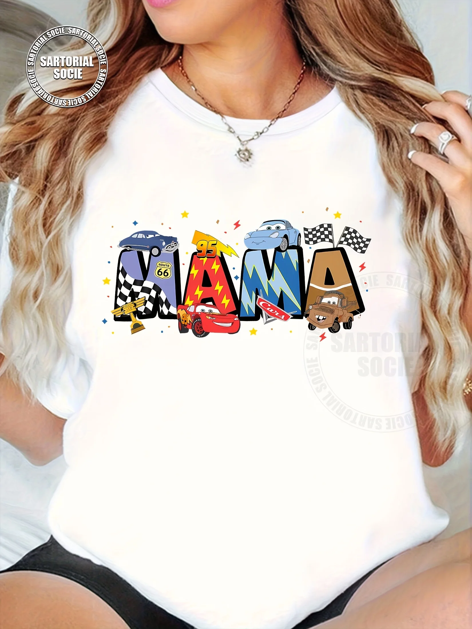 

2025 Disney Pattern Printed Women's Casual Comfortable Unique Smiling Face Black Round Neck Short Sleeve T-shirt