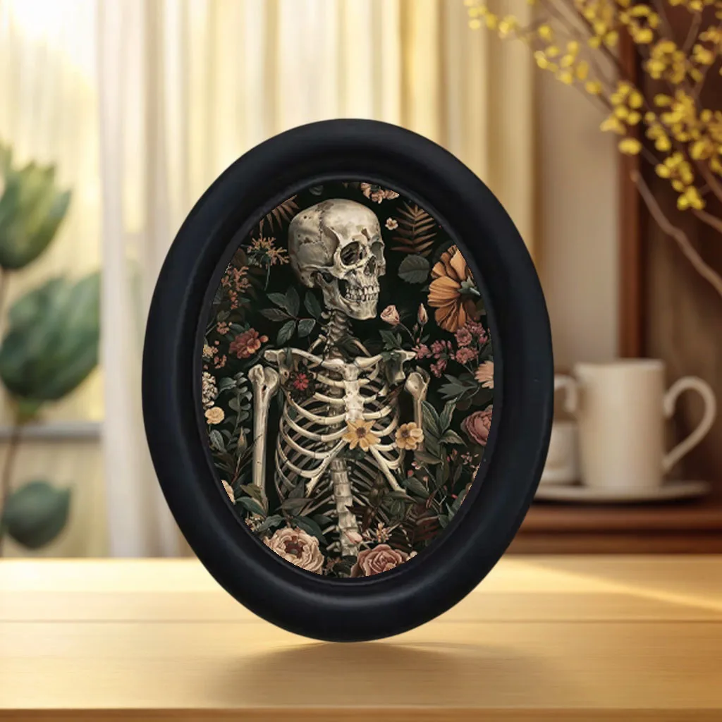 1 Piece of Vintage Floral Skull Wall Decoration, Wooden Oval Frame Wall Decor, Dark Gothic Style Halloween Tabletop Decoration, Dark Retro Holiday Decoration Gift for Bedroom and Living Room