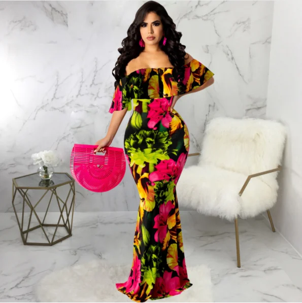 2023 Fashion Sexy Backless Slim Dresses Stretch Floor Length Elegant Maxi Dresses Casual Long Gown Slash Neck Off Shoulder Dress