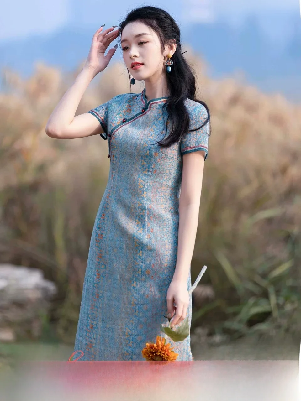 

Blue Chinese Sle Dr Flared Skirt Design Collar ort Sve Low Slit for Women Vintage Faion Daily Wear
