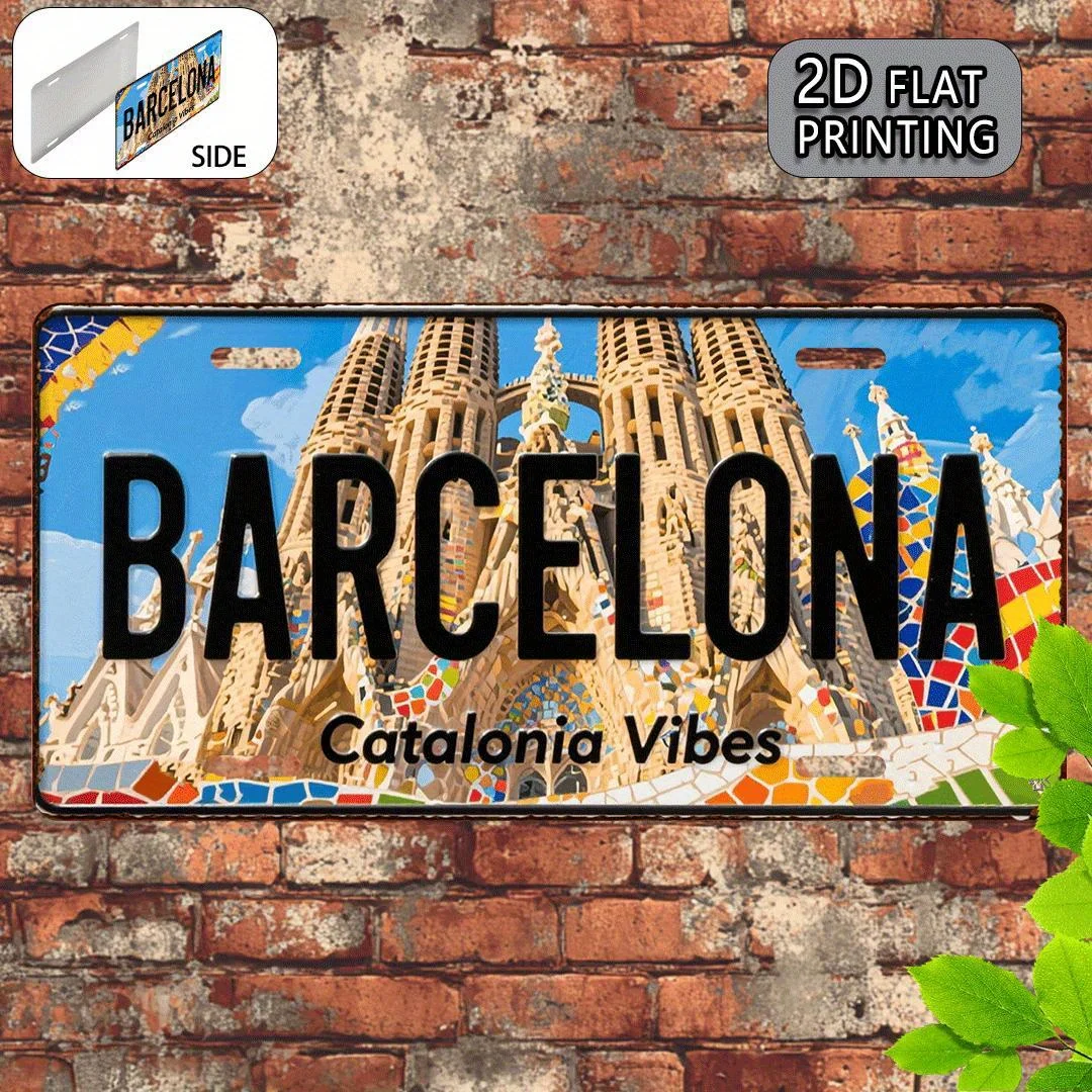 2D Flat, 2D Flat Surface, 2D Flat Printing. 1pc. Barcelona Vintage Metal Aluminum License Plate. Decorative Sign 11.9x6 Inches,