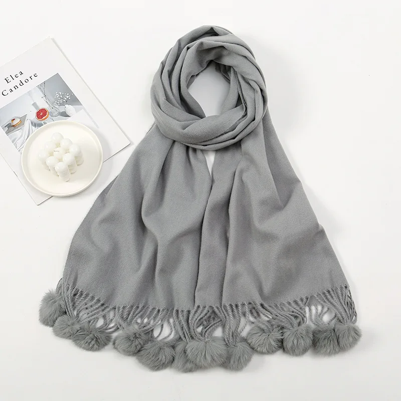 Fashion Winter Thick Blanket Cashmere Shawl Scarf with Rabbit Fur Pom Pom Tassel Warm Pashmina Poncho Echarpe Foulards 190*70Cm