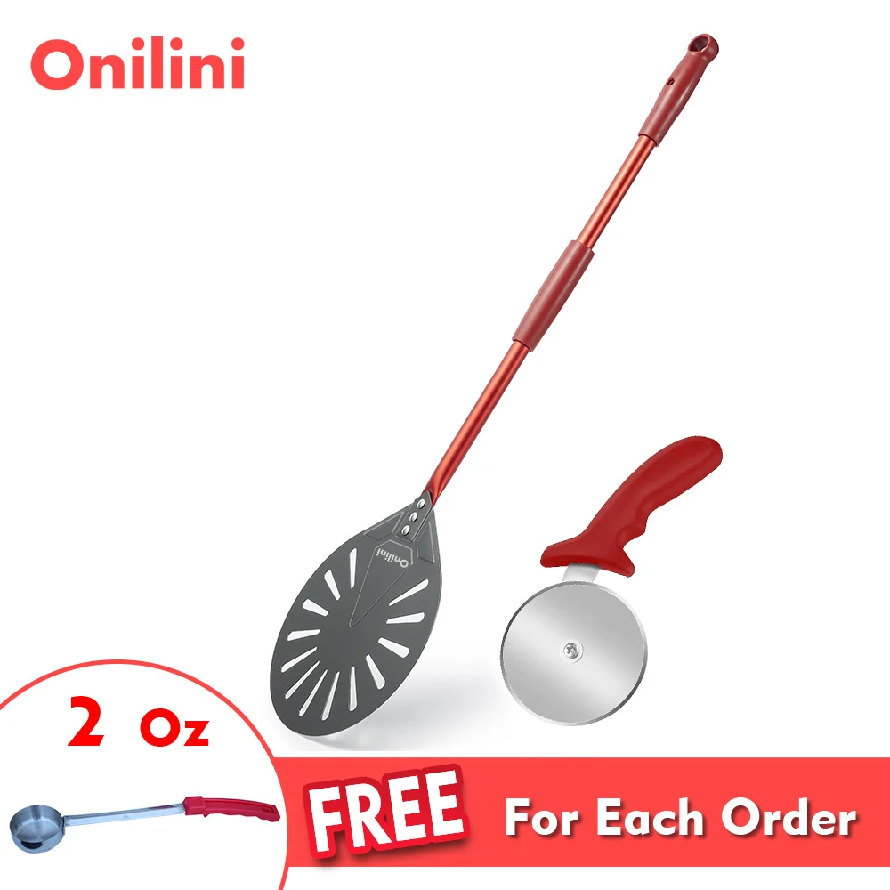 

Onilini 9 inch Pizza Peel Hard Anodized Turning Peel Almuinum Alloy Red Handle Pizza Shovel with Spoon Cutter Pizza Accessories