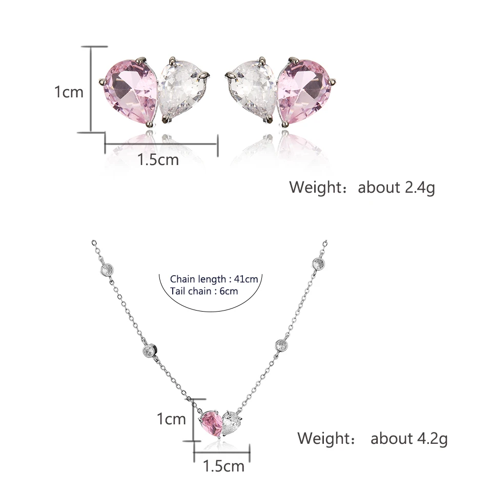 ZAKOL Romantic Pink Zirconia Heart Jewelry Sets for Women Fashion Water Drop Earrings Necklace Set Love Wedding Accessories