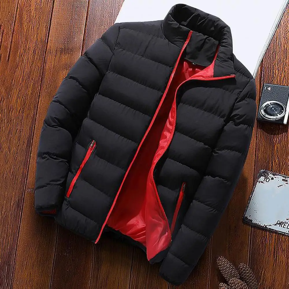 Thickened Men Coat Men Jacket Winter Men\'s Padded Coat Thick Windproof Warm Jacket with Stand Collar Zipper Closure