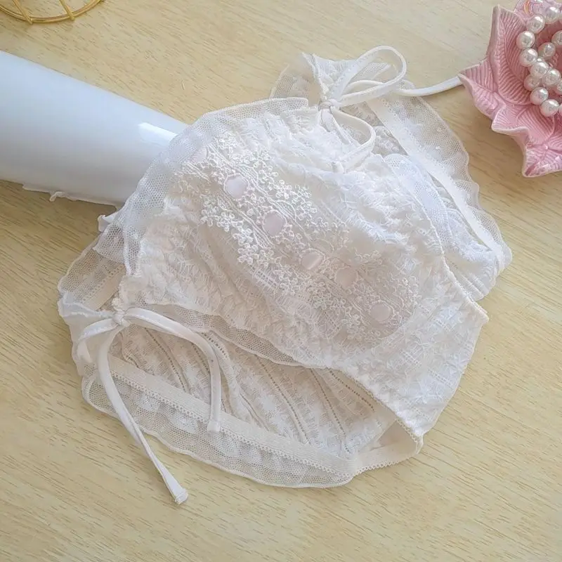 Women Sexy Lace Flower Cotton Underwear Ruffle Princess Style Cute Lovely Sweety Female Panties Tie Strap Breathable Breifs