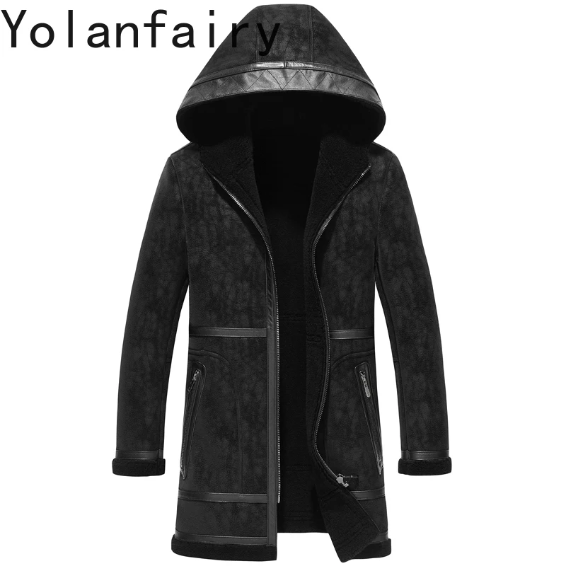 

YOLANFAIRY модная овечья куртка мужская с капюшоном зимнее пальто на подкладке из 100% шерсти мужские замшевые куртки средней длины теплые плащи