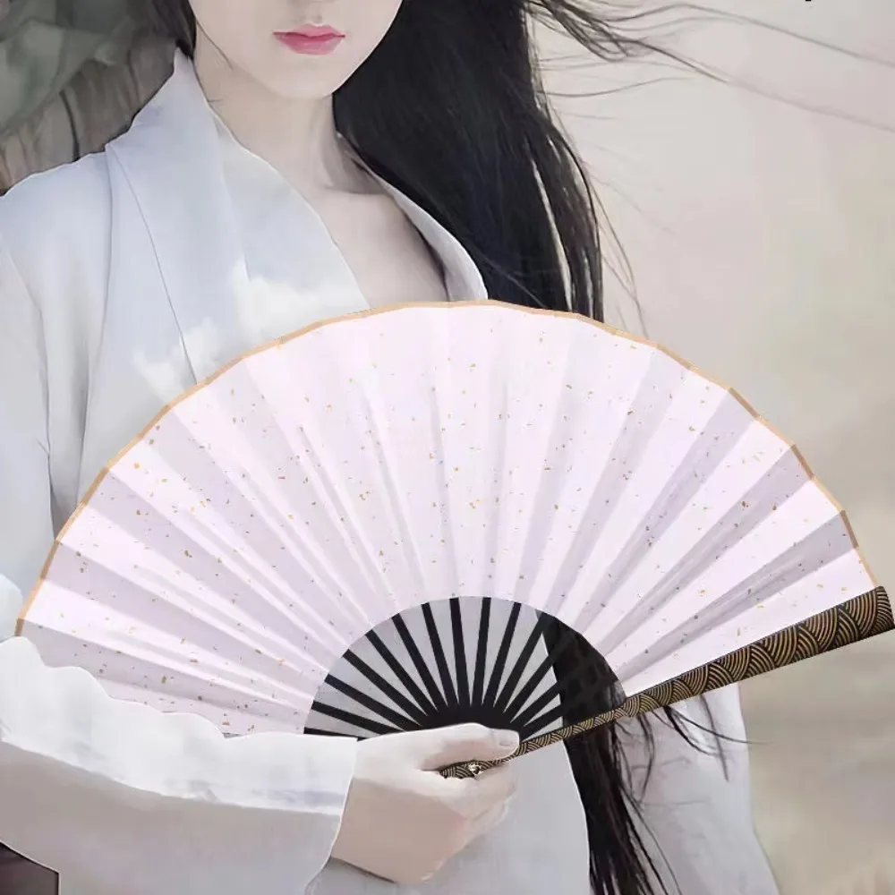Sprinkled Gold Cloud Pattern Handle Folding Fan with Tassel 10 in Men Hand Fan Silk Cloth Fan Panel Carved Decorative Fan Summer