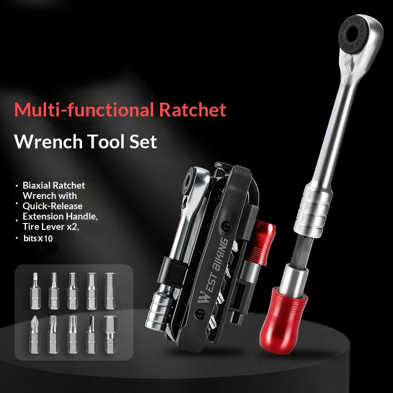 Multi-functional ratchet wrench set for bicycle repair tools, including tire lever, extension bar and portable repair tools.