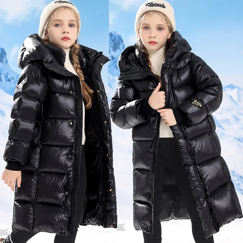 2025 Winter Teen Girls Jacket -30℃ Long Glossy Waterproof Thick Hooded Parka For 4-12Y Kids Fashion Warm Down Cotton Snowsuit