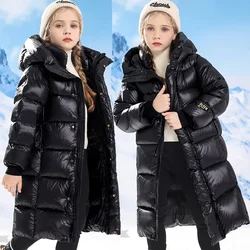 2025 Winter Teen Girls Jacket -30℃ Long Glossy Waterproof Thick Hooded Parka For 4-12Y Kids Fashion Warm Down Cotton Snowsuit
