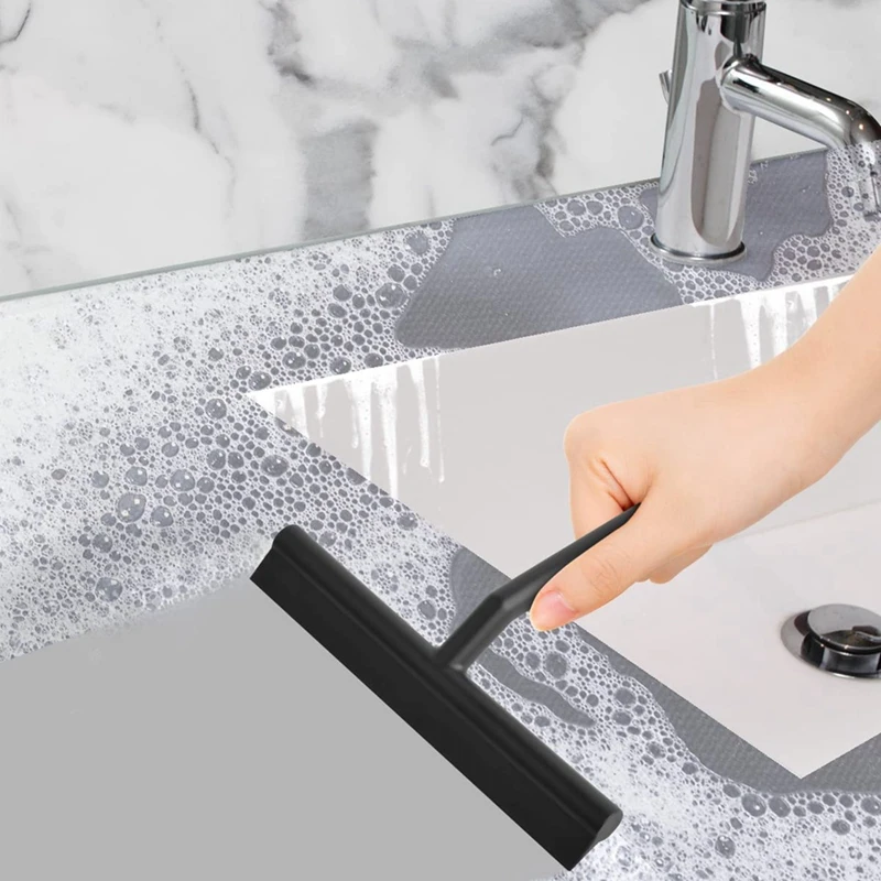 Silicone Shower Squeegee With Hook & Lanyard, Black Window Glass Scraper Multi Cleaner