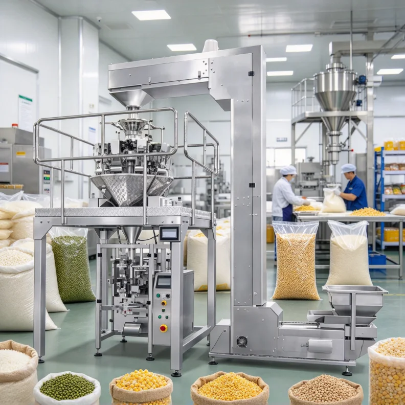 Automatic Vertical Meat Packaging System Multifunctional Unit with Built in Metal Detector and Boxing Structure Customized