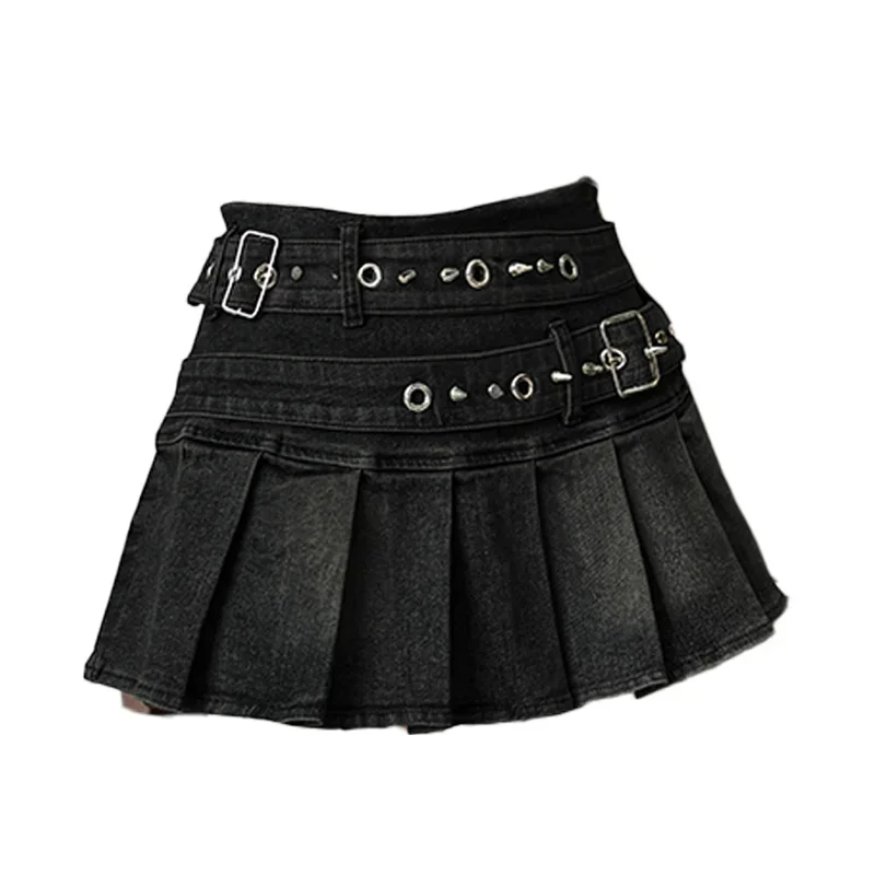 Damen Blau Schwarz Nieten Gürtel Denim Rock Y2K Harajuku High Street Fashion 90er Jahre Sexy A-Linie Minirock Sommerkleidung 2026 Neu