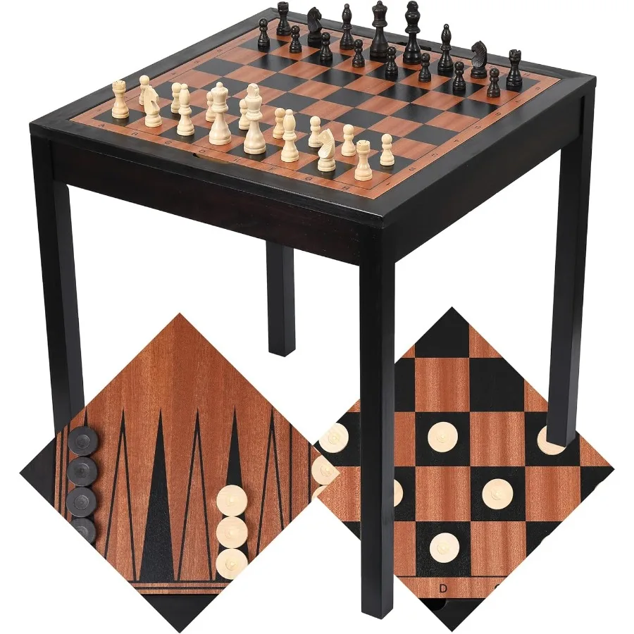 

Games Wooden Chess Table Chess Checkers and Backgammon 3 in 1 Combo Game Table Furniture Set for Home Living Room Entertainment